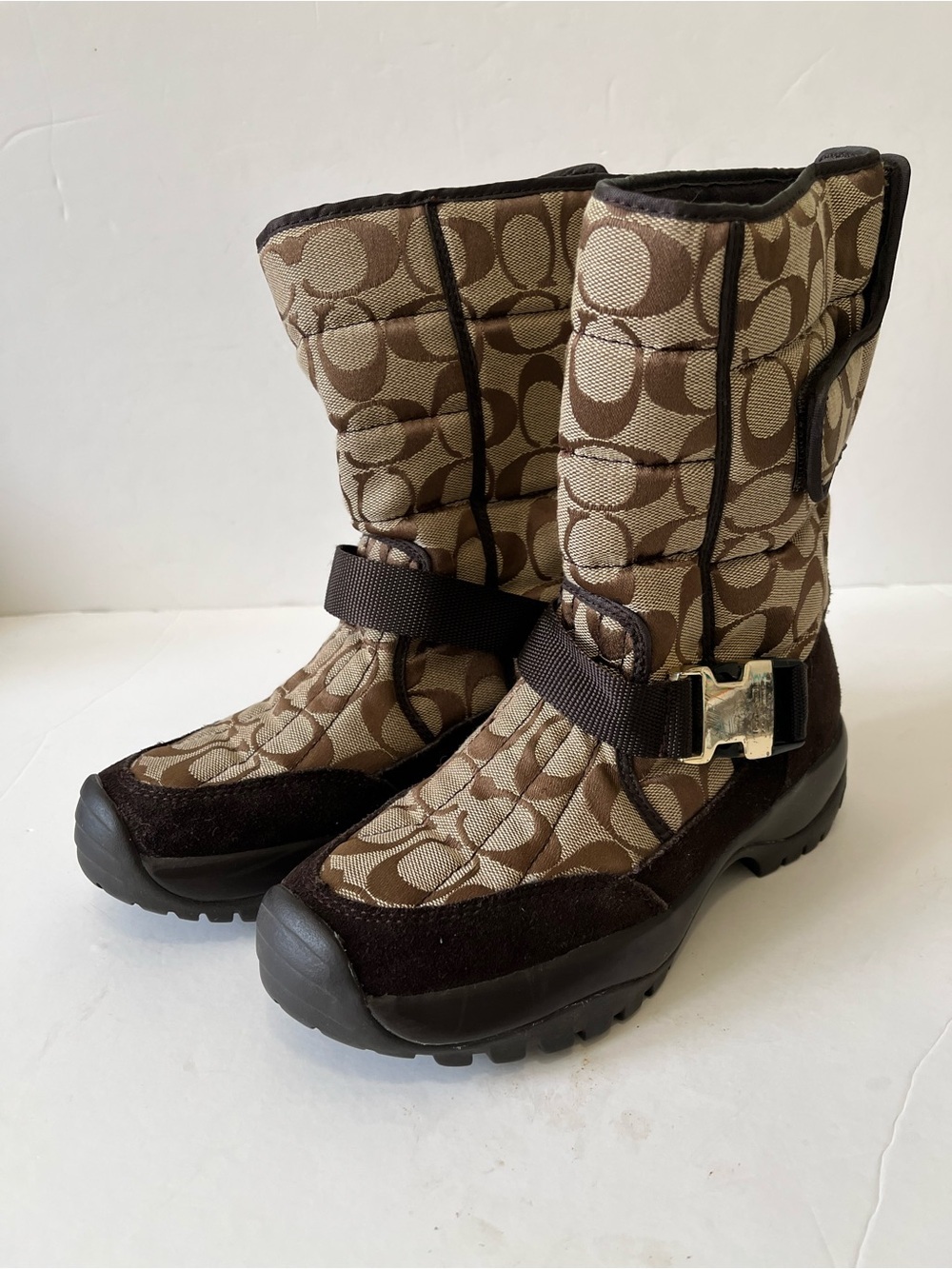 Coach Sharron Boots Brown Tan Signature Quilted Logo Strap Size 6B